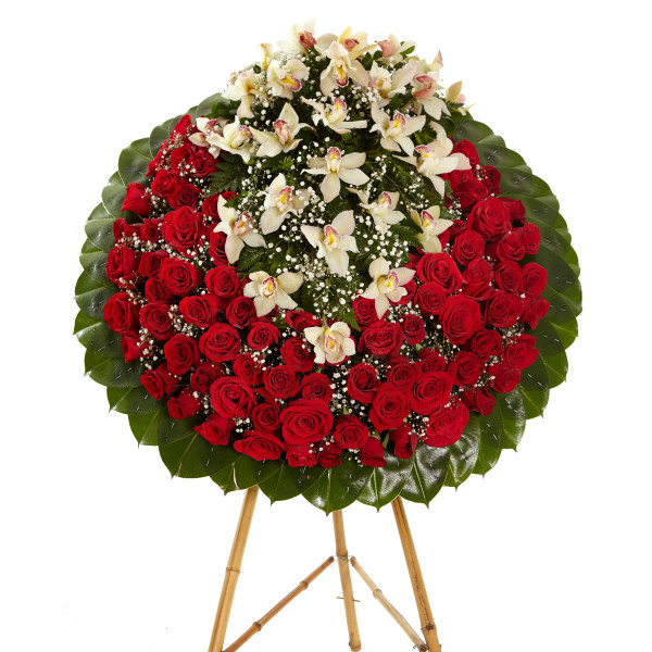 Corona en Rosas Rojas y Orquídeas Cymbidium - Diseño Amor Eterno
