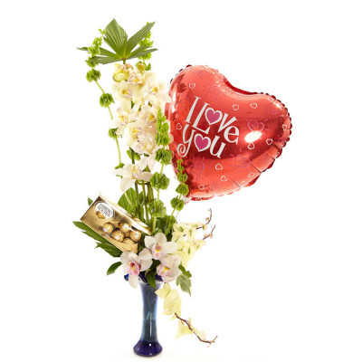Orquídeas con Chocolates y Globo en Florero de Vidrio - Edición Valentín Orquídeas con Chocolates y Globo en Florero de Vidrio - Edición Valentín