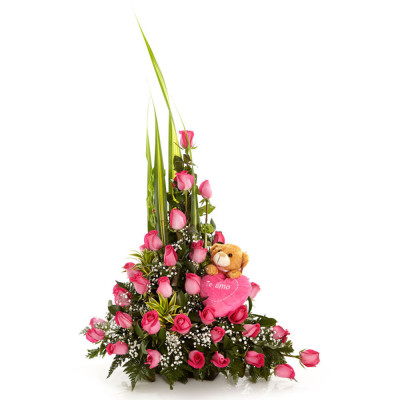 Arreglo de 30 Rosas Rosadas con Peluche - Edición Princesa Arreglo de 30 Rosas Rosadas con Peluche - Edición Princesa