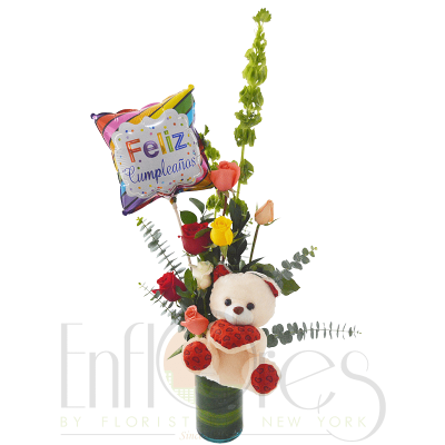 Cilindro de rosas Globo y Peluche Cilindro de rosas Globo y Peluche