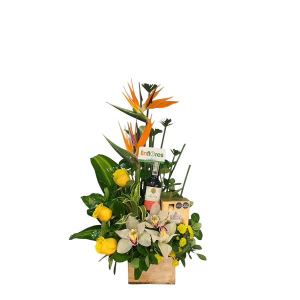 Arreglo en Aves, Rosas y Orquideas con Vino y Chocolates