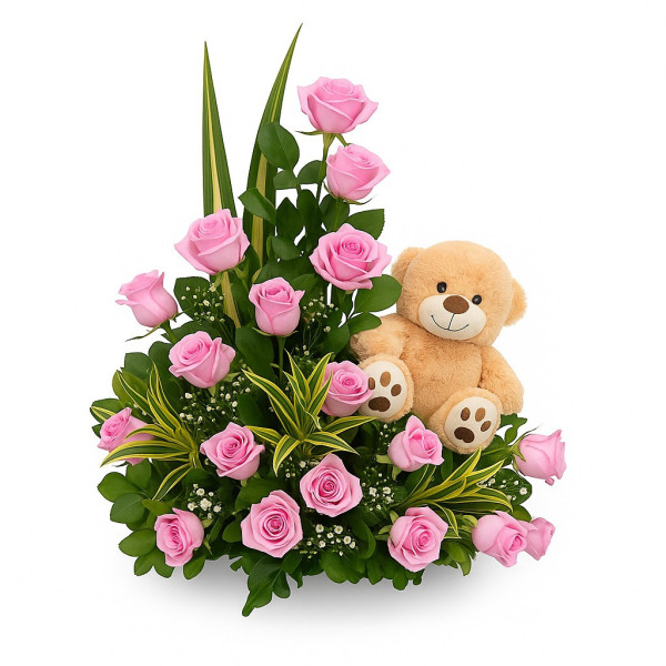 Arreglo 18 rosas con peluche