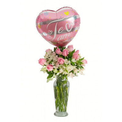 Florero con rosas, alstroemerias y globo