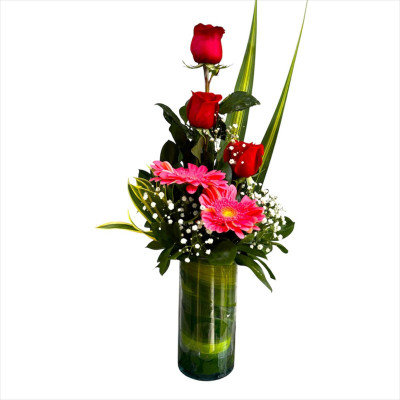 Cilindro rosas y gerberas