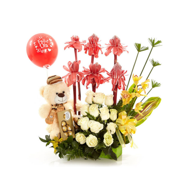 Arreglo con Flores Exóticas, Orquídeas, Rosas y Chocolates