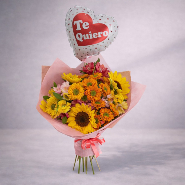 Bouquet de flores surtidas y girasoles con globo