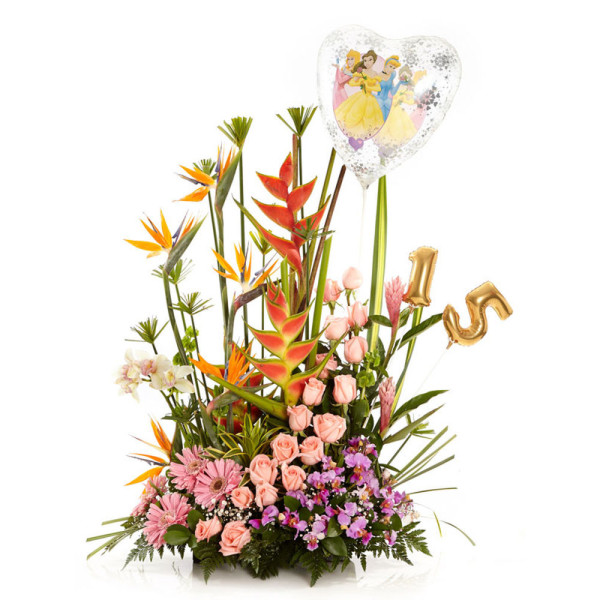 Arreglo Exótico con Rosas, Orquídeas y Globos - Diseño Sara