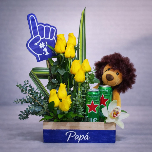 Caja con Rosas Amarillas, Peluche y Cerveza