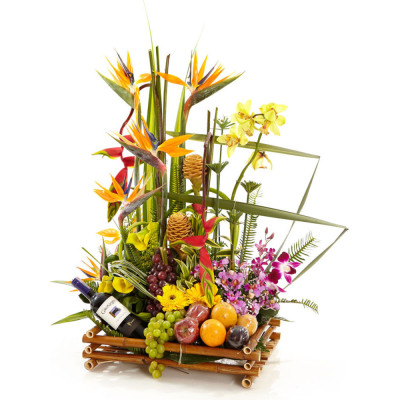 Canasta con Orquídeas, Frutas Frescas y Vino - Diseño Triunfo Canasta con Orquídeas, Frutas Frescas y Vino - Diseño Triunfo