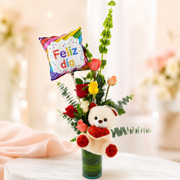 Cilindro de Rosas Globo y Peluche