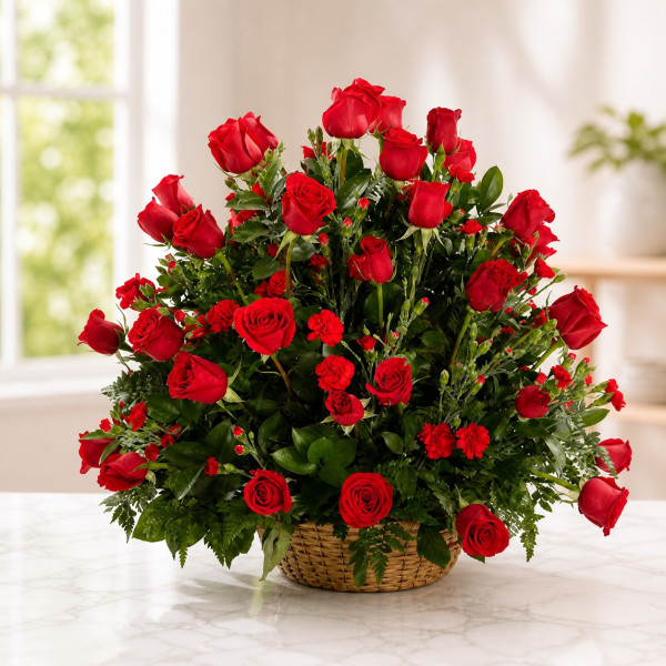 Canasta de 48 Rosas Rojas - Diseño Innovación