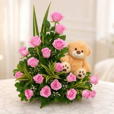 Arreglo 18 rosas con peluche