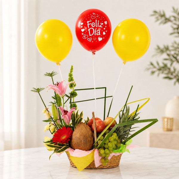 Canasta con Flores, Frutas y Globos - Edición Patty