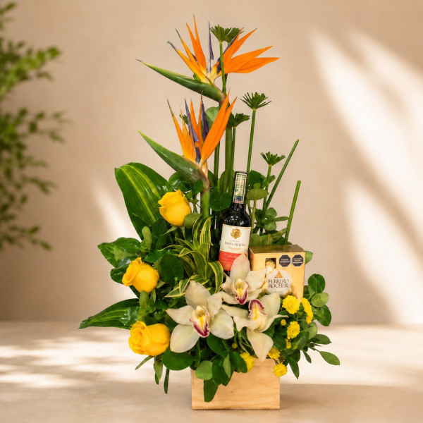 Arreglo Floral con Aves del Paraíso y Orquídeas - Diseño Antojo