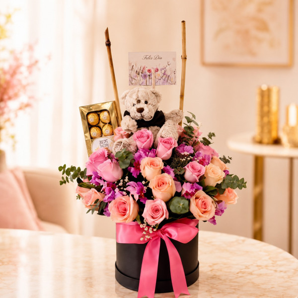Caja de Rosas Chocolate Peluche