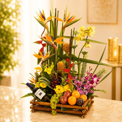 Canasta con Orquídeas, Frutas Frescas y Vino | Enflores