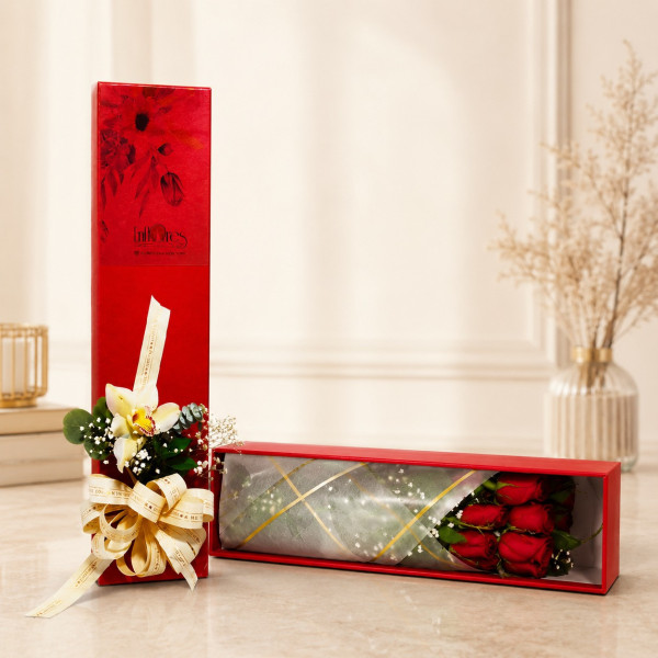 Caja con 12 Rosas Frescas y Orquídeas - Diseño Eficaz