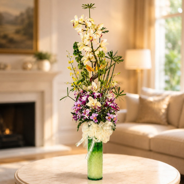 Arreglo de Orquídeas en Cilindro de Vidrio - Diseño Exclusivo