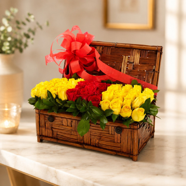 Baúl con 55 Rosas en Tonos Rojo y Amarillo - Diseño Joya