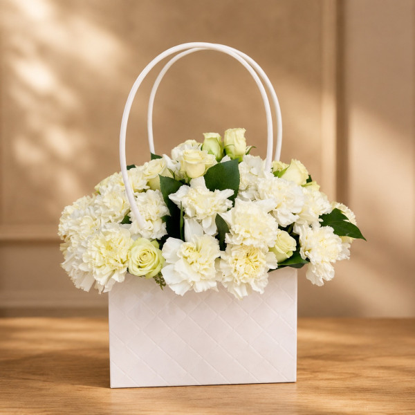 cartera blanca con flores blancas