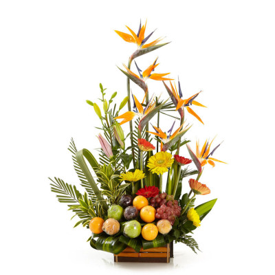 Arreglo Exótico con Flores Tropicales y Frutas Frescas - Diseño Euforía Arreglo Exótico con Flores Tropicales y Frutas Frescas - Diseño Euforía