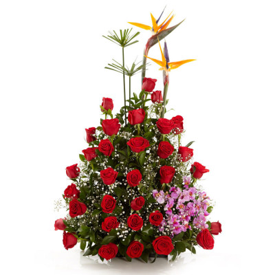 Arreglo de 24 Rosas y Orquídeas en Base Rústica - Diseño Promesa Arreglo de 24 Rosas y Orquídeas en Base Rústica - Diseño Promesa