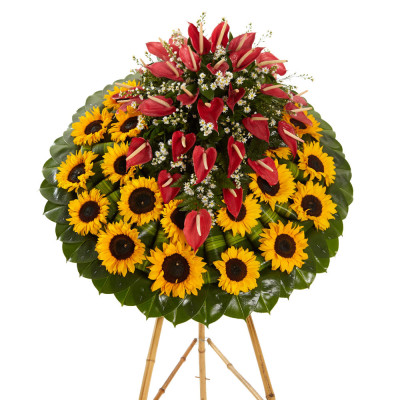 Corona con Girasoles y Anturios - Diseño Eternidad Corona con Girasoles y Anturios - Diseño Eternidad